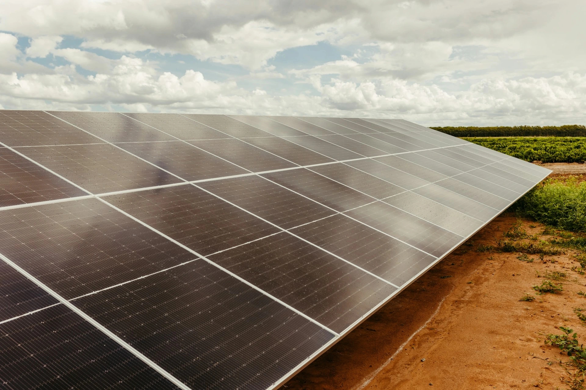 A solar panel array in a field under a cloudy sky, capturing sunlight for energy amidst green vegetation on sandy soil.