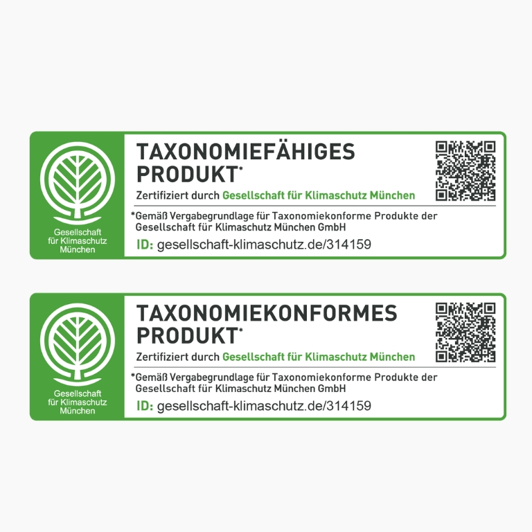 Two rectangular labels with a tree icon and green borders, displaying German text about taxonomy-compliant products by a climate protection company.