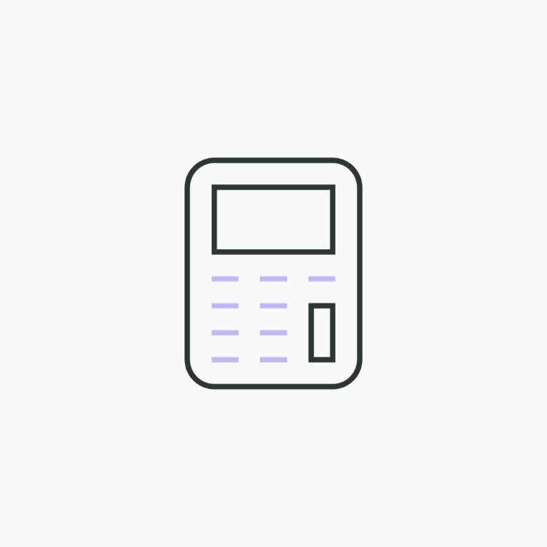 Outlined calculator icon with a large display and several buttons, depicted in dark gray and light purple on a white background.