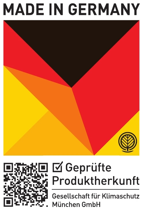 Geometric design with red, black, and yellow shapes, "MADE IN GERMANY" text, QR code, and "Geprüfte Produktherkunft" label.